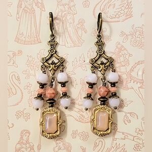 Victorian Rustic Cottagecore Pink Glass Chandelier Earrings In Brass